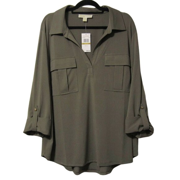 Michael Kors Plus Size Blouse Size 3X | NWT $98 | Olive Green Top w Gold Buttons - Picture 1 of 6
